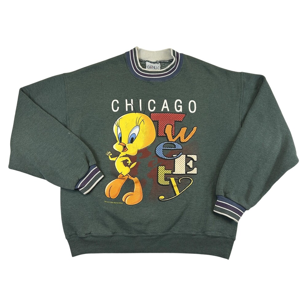 Vintage Looney Tunes Sweatshirt Womens Large Green Chicago Tweety GENUS 1993 USA